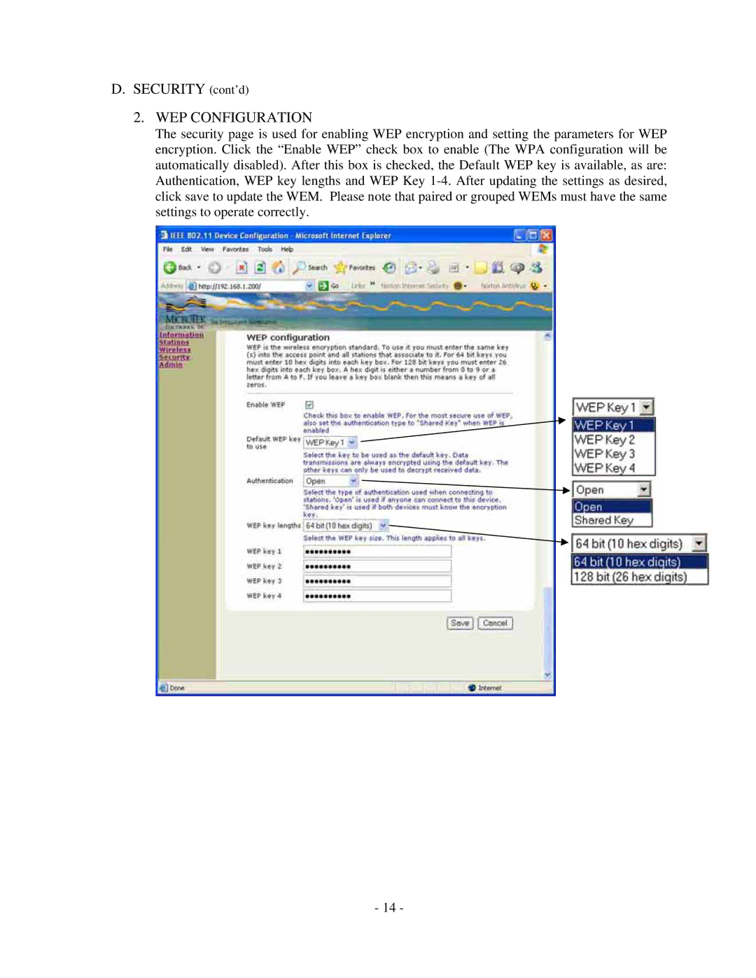 Microtek MiniLink manual Security cont’d, WEP Configuration 