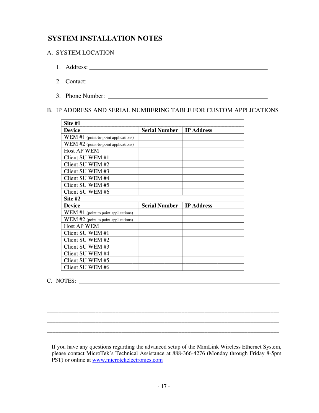 Microtek MiniLink manual System Installation Notes, System Location, Address Contact Phone Number 