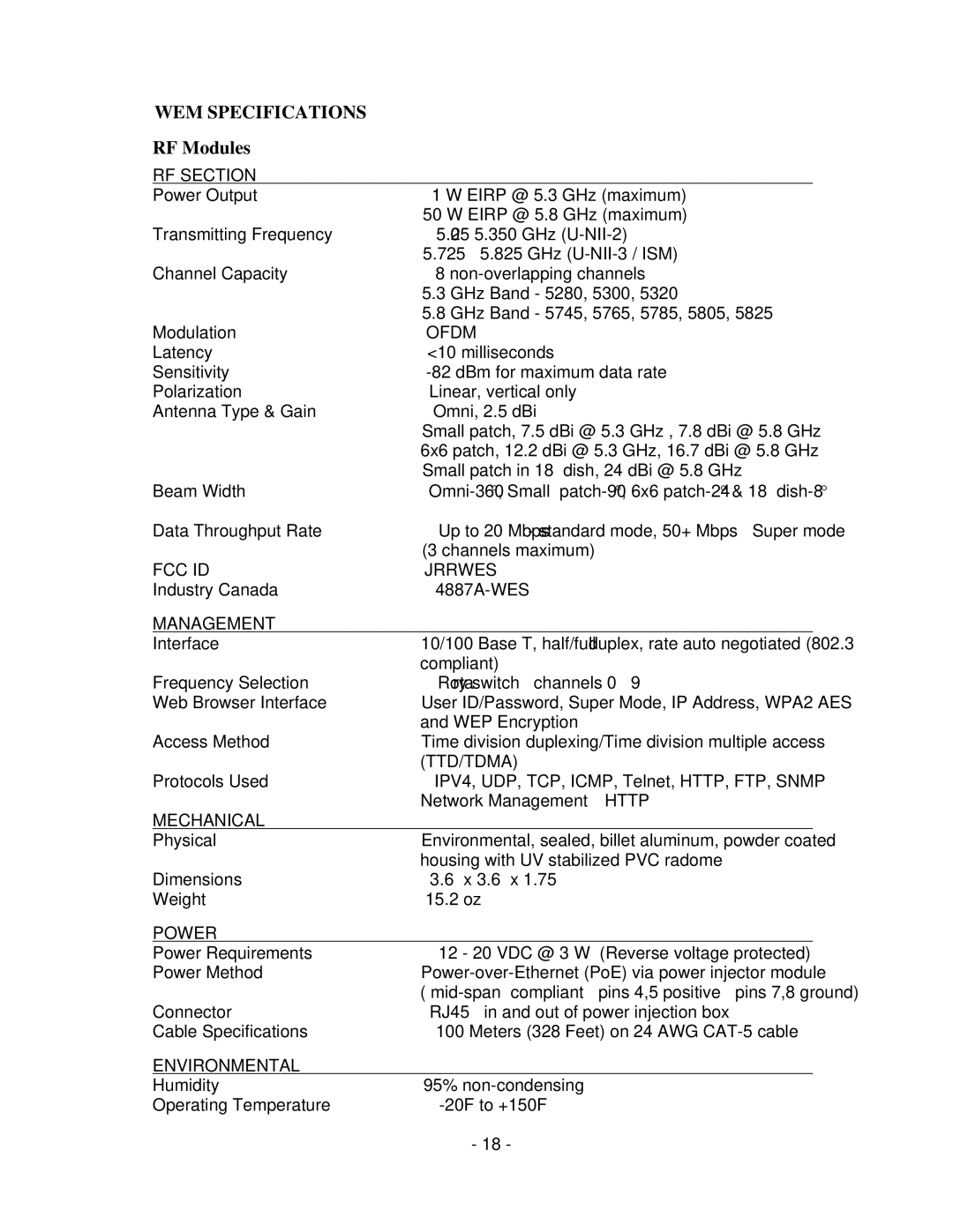 Microtek MiniLink manual WEM Specifications 