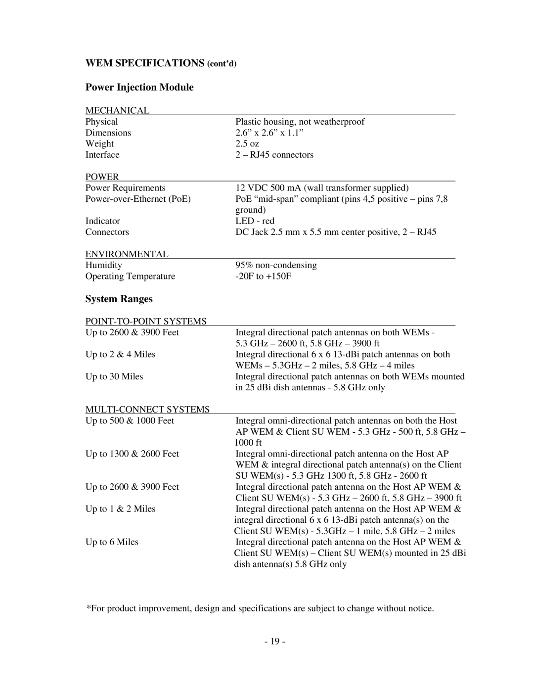 Microtek MiniLink manual WEM Specifications cont’d Power Injection Module 