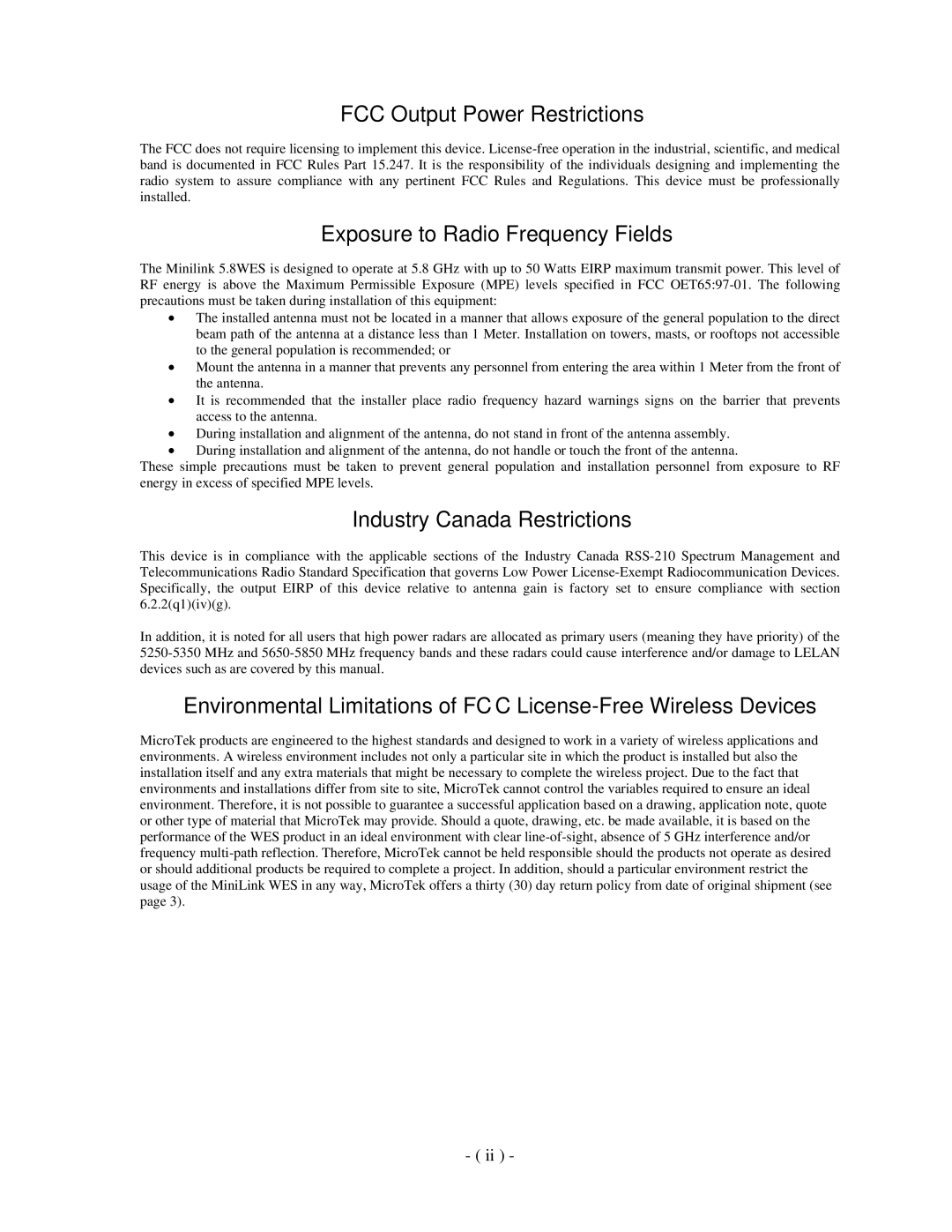 Microtek MiniLink manual FCC Output Power Restrictions 