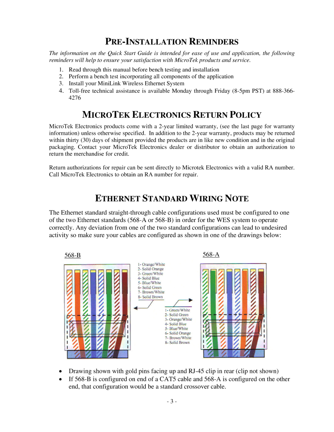 Microtek MiniLink manual PRE-INSTALLATION Reminders, Microtek Electronics Return Policy, Ethernet Standard Wiring Note 