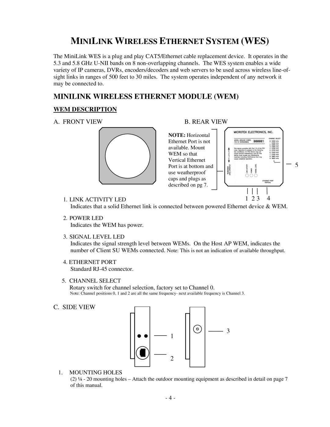 Microtek MiniLink Minilink Wireless Ethernet System WES, Minilink Wireless Ethernet Module WEM, WEM Description, Side View 