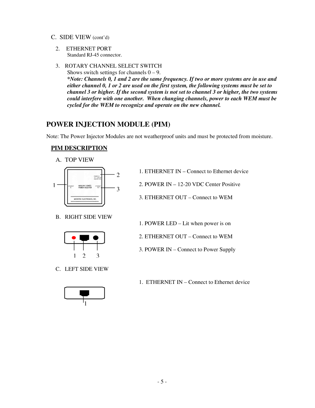 Microtek MiniLink manual Power Injection Module PIM, Side View cont’d, PIM Description, TOP View 