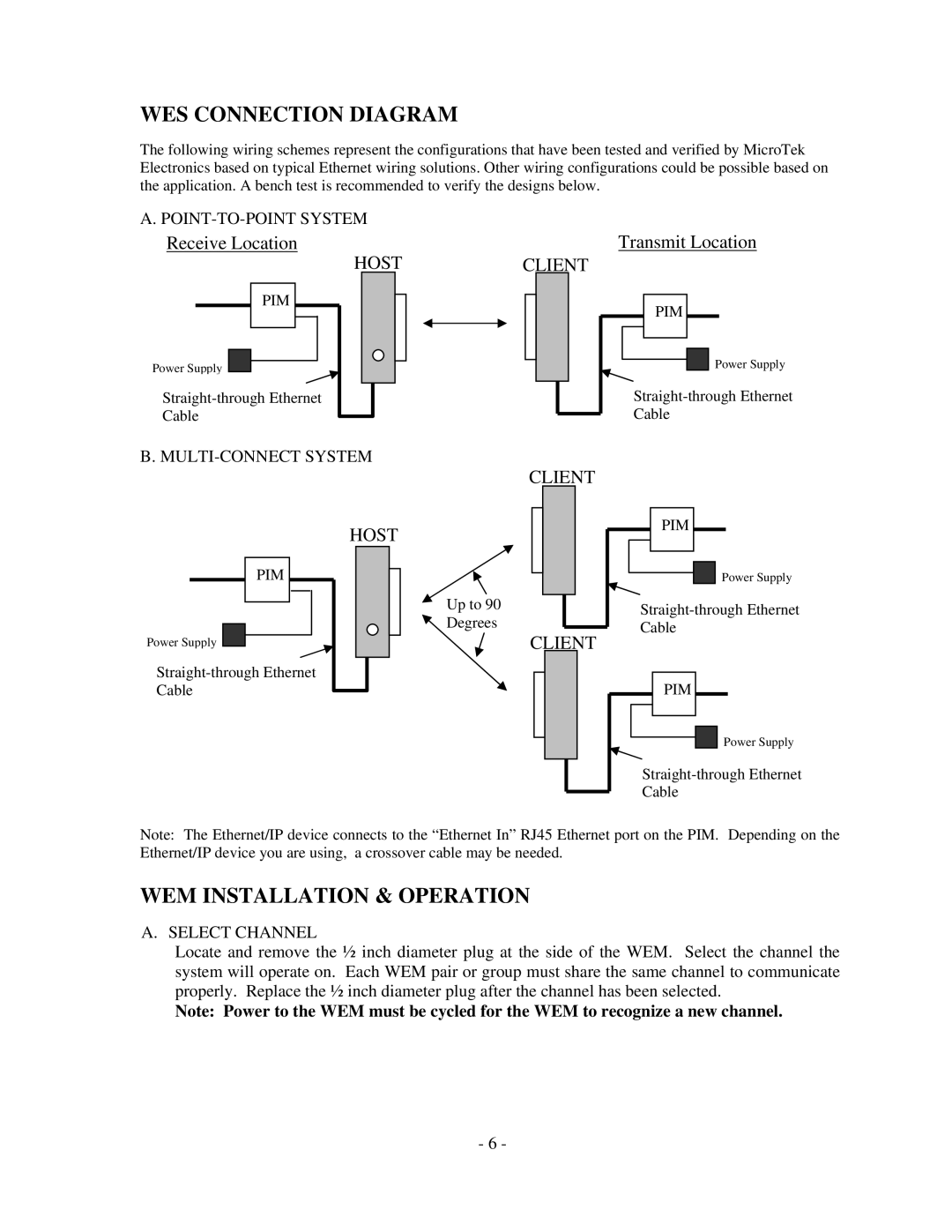 Microtek MiniLink manual WES Connection Diagram, WEM Installation & Operation, Hostclient, Client Host 