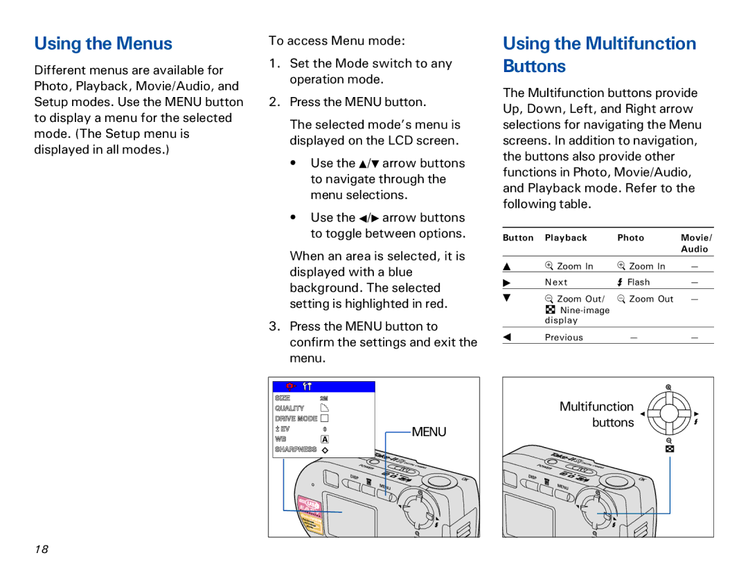 Microtek MKT-1300a manual Using the Menus, Using the Multifunction Buttons 