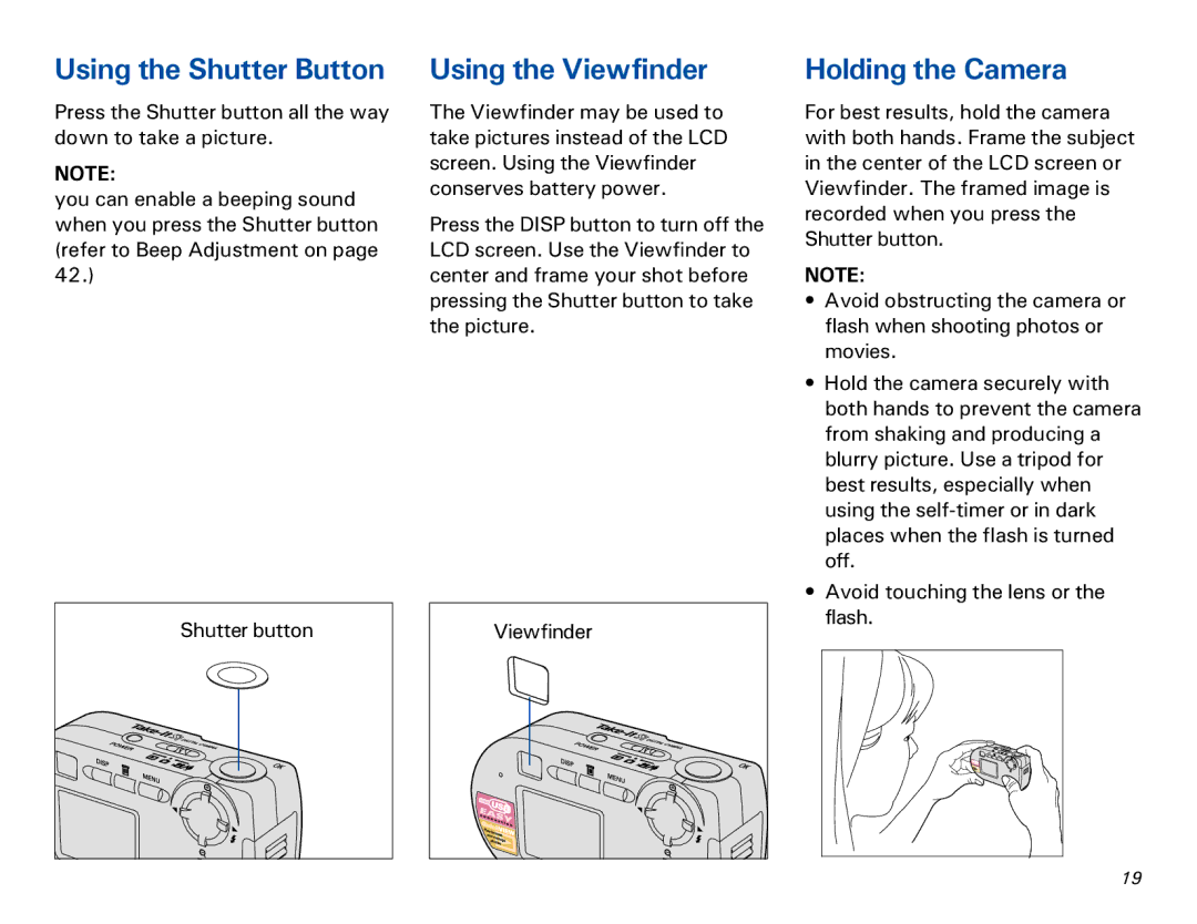 Microtek MKT-1300a manual Using the Shutter Button, Using the Viewfinder, Holding the Camera 