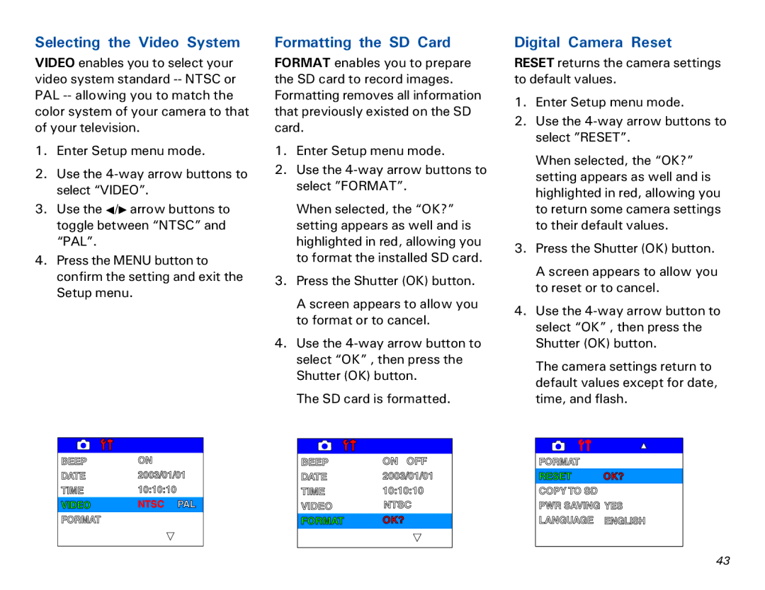 Microtek MKT-1300a manual Selecting the Video System, Formatting the SD Card, Digital Camera Reset 