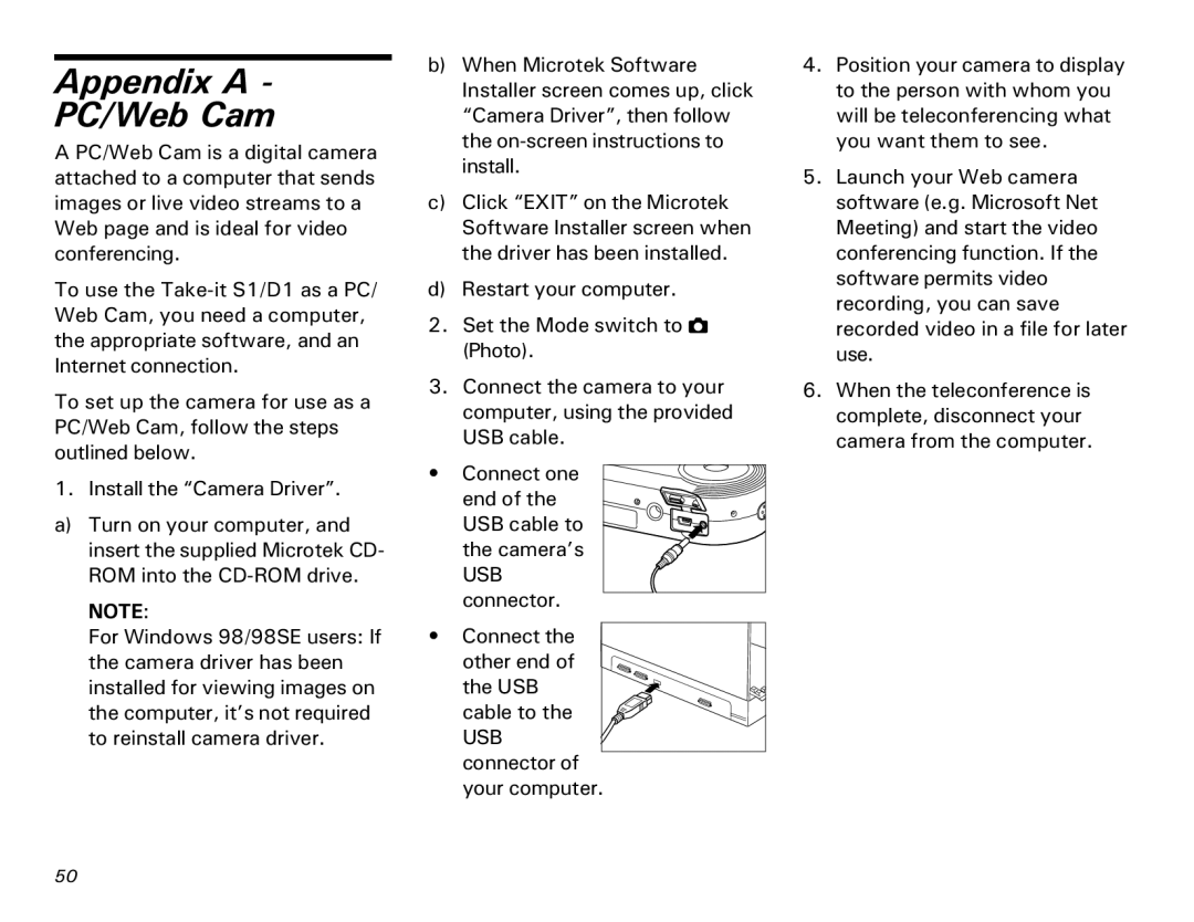 Microtek MKT-1300a manual Appendix a PC/Web Cam, Usb 