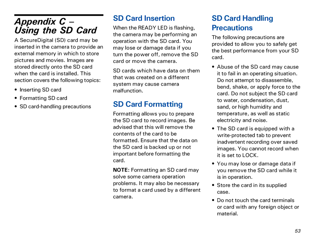 Microtek MKT-1300a manual Appendix C Using the SD Card, SD Card Insertion, SD Card Formatting, SD Card Handling Precautions 