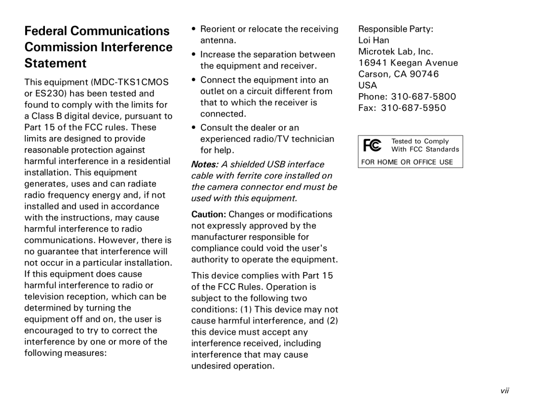 Microtek MKT-1300a manual Federal Communications Commission Interference Statement 