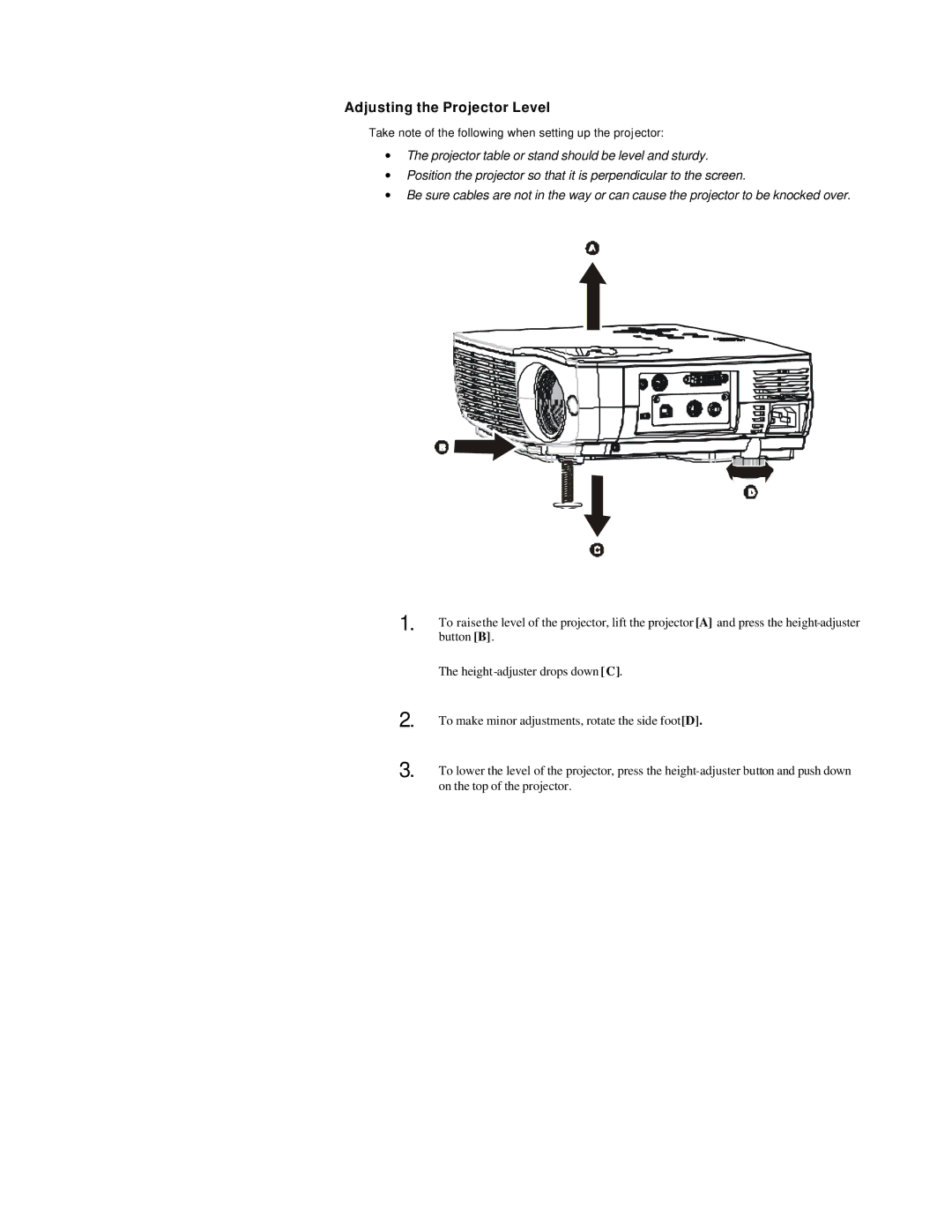 Microtek MS4 user manual Adjusting the Projector Level 