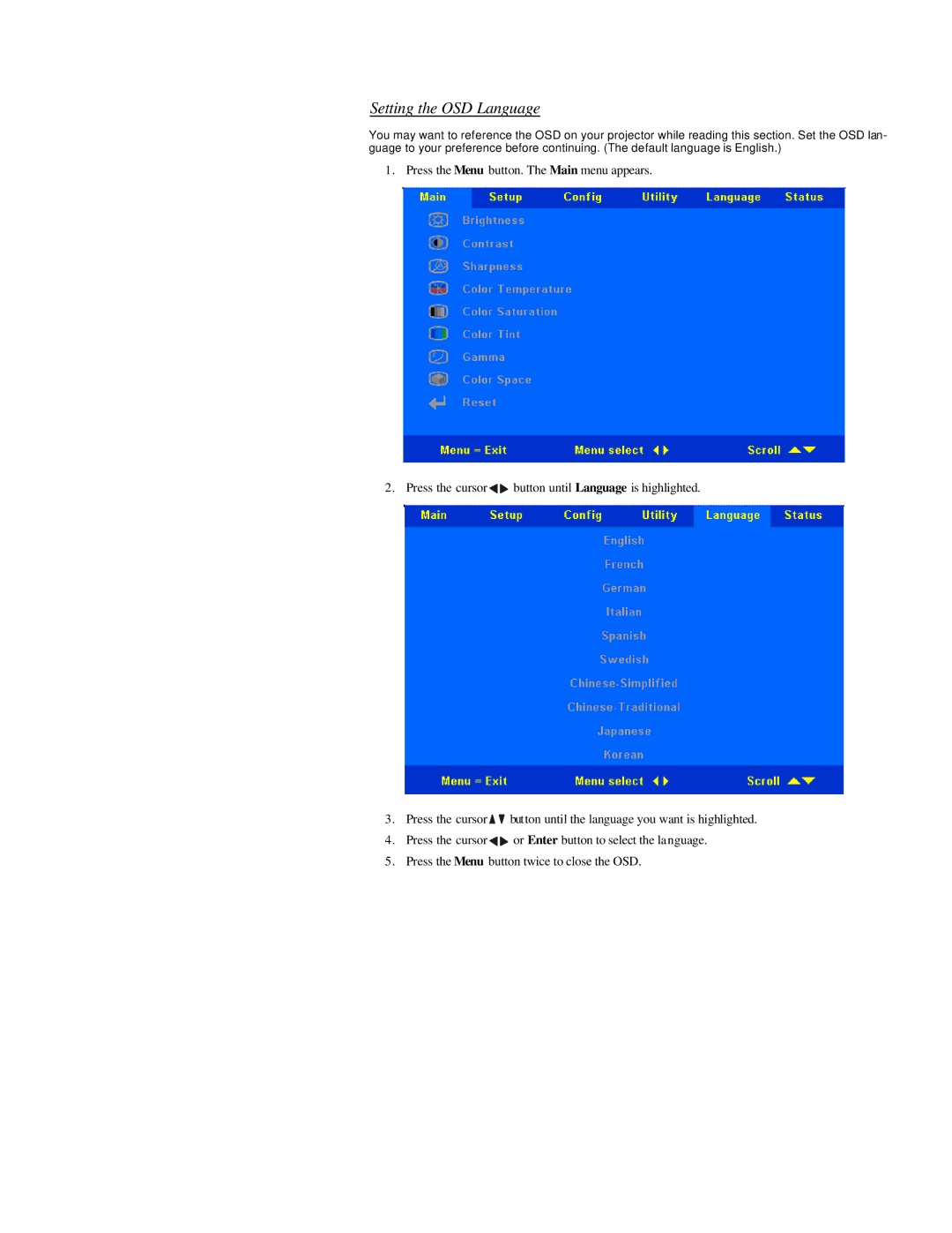 Microtek MS4 user manual Setting the OSD Language 