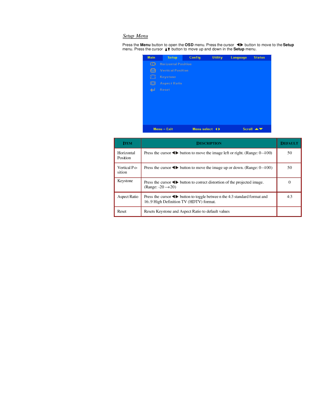 Microtek MS4 user manual Setup Menu 