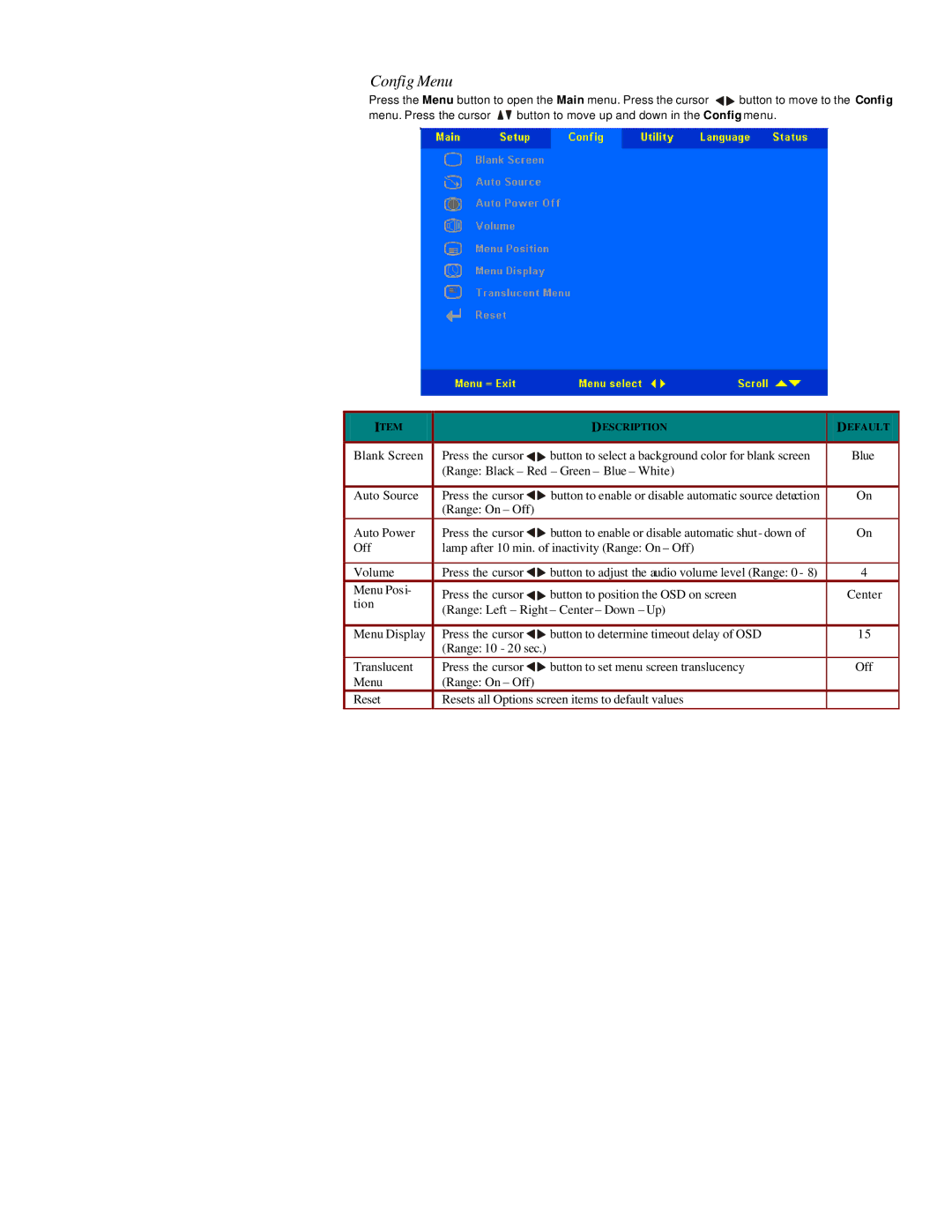 Microtek MS4 user manual Config Menu 