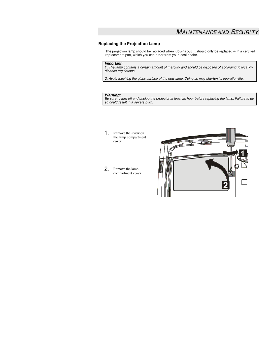 Microtek MS4 user manual Maintenance and Security, Replacing the Projection Lamp 