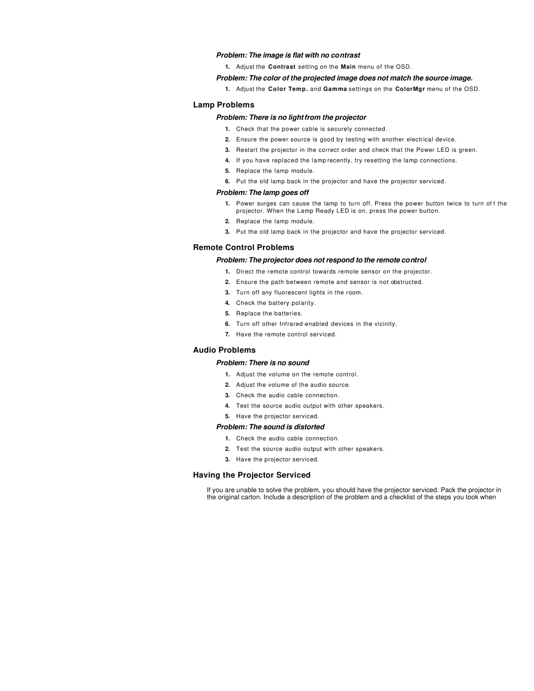 Microtek MS4 user manual Lamp Problems, Remote Control Problems, Audio Problems, Having the Projector Serviced 