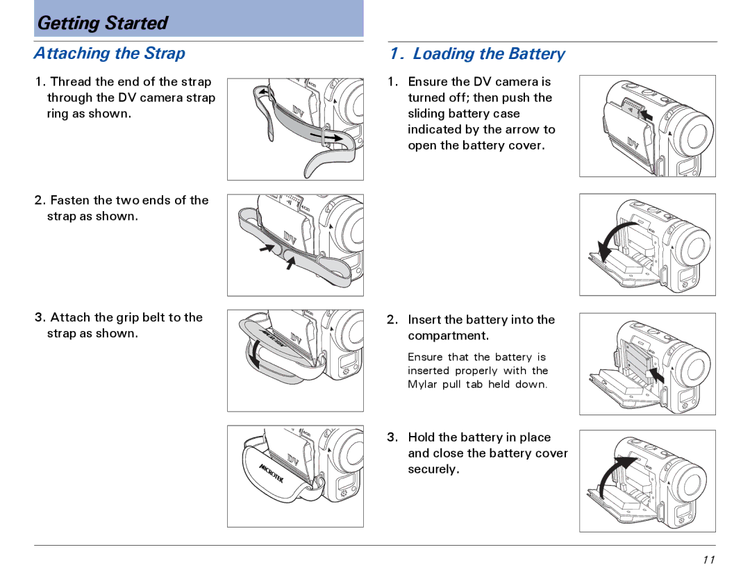 Microtek MV300 manual Getting Started, Attaching the Strap, Loading the Battery 