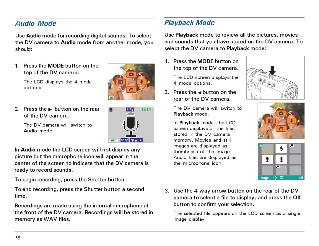 Microtek MV300 manual Audio Mode, Playback Mode 