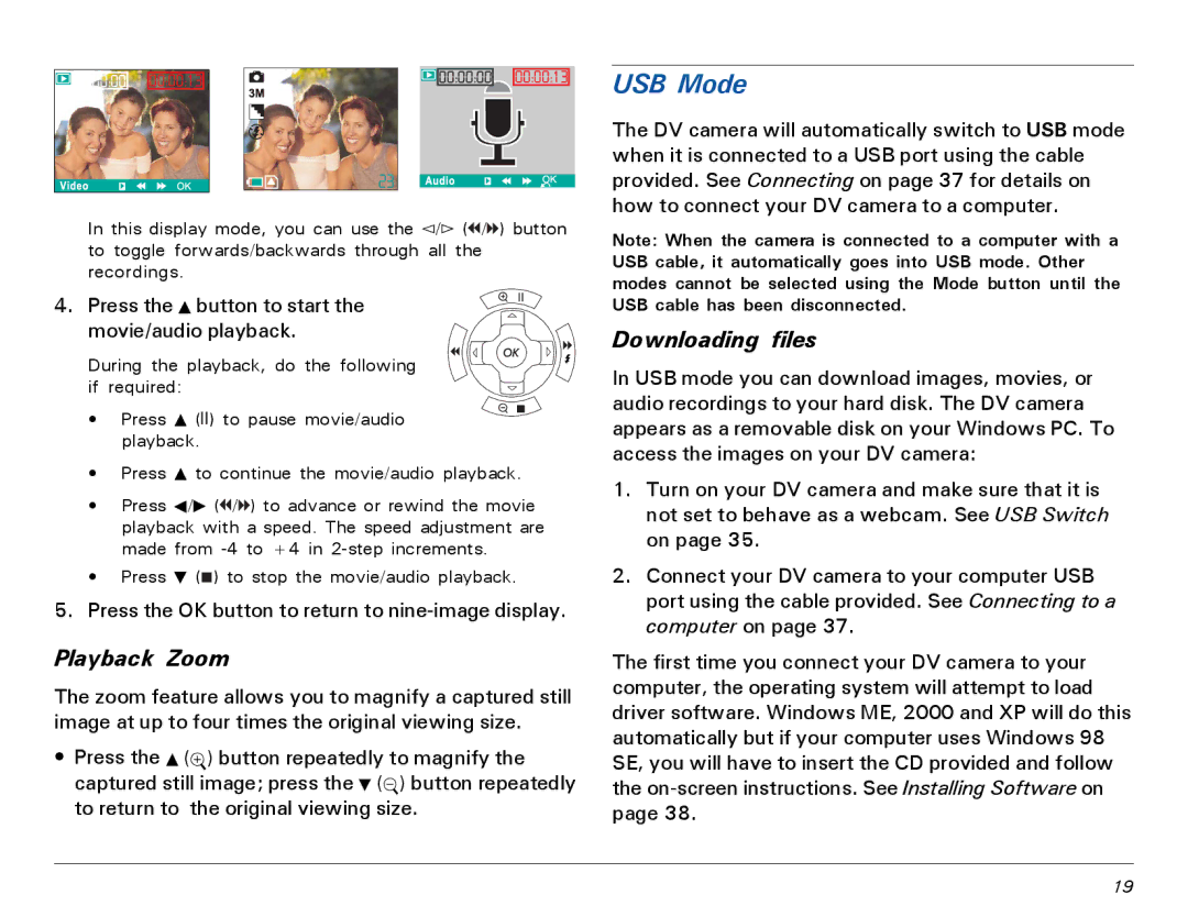 Microtek MV300 manual USB Mode, Playback Zoom, Downloading files 