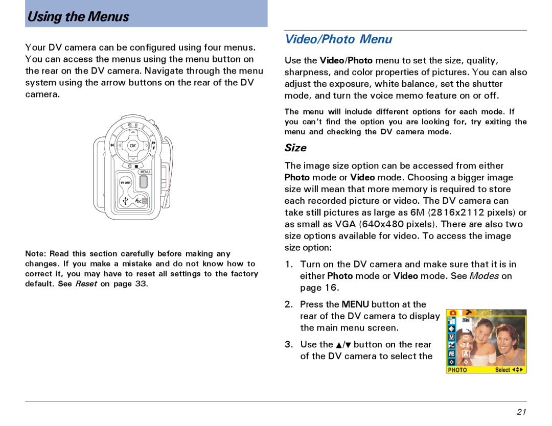 Microtek MV300 manual Using the Menus, Video/Photo Menu, Size 