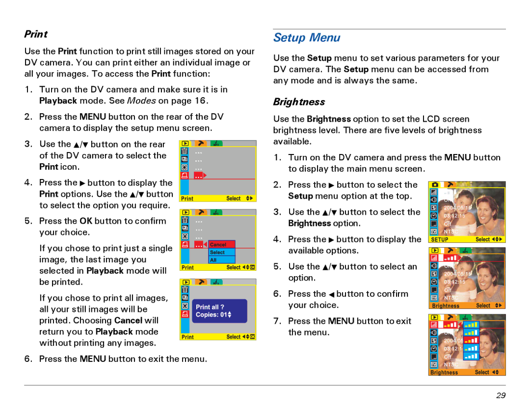 Microtek MV300 manual Setup Menu, Print, Brightness 