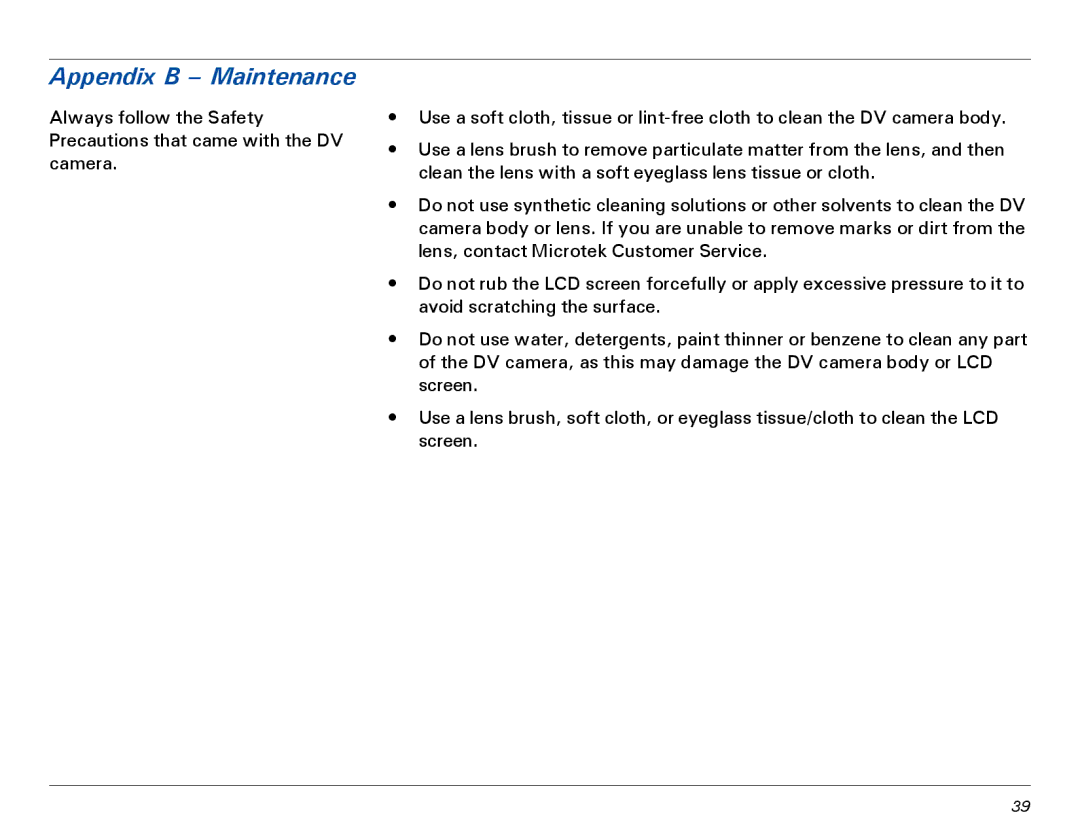 Microtek MV300 manual Appendix B Maintenance 