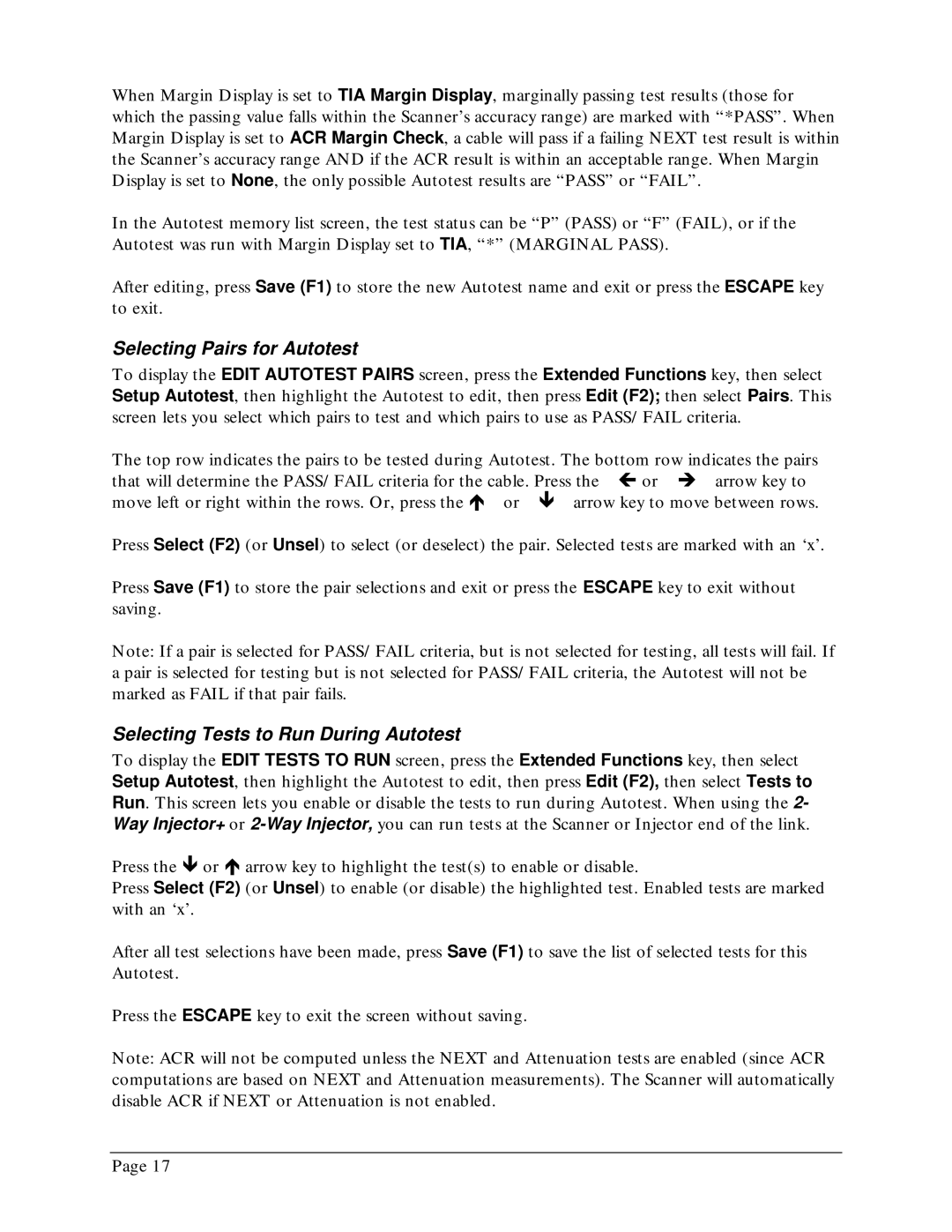 Microtest TSB-67 - 568A Annex E manual Selecting Pairs for Autotest, Selecting Tests to Run During Autotest 