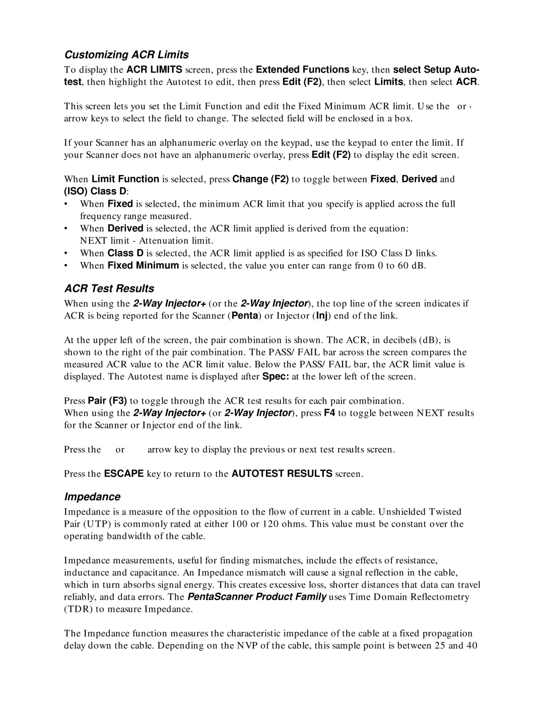 Microtest TSB-67 - 568A Annex E manual Customizing ACR Limits, ACR Test Results, Impedance, ISO Class D 