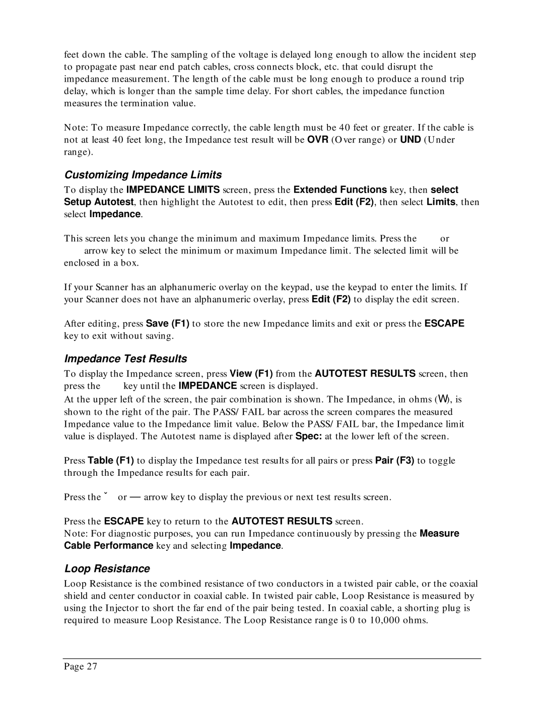 Microtest TSB-67 - 568A Annex E manual Customizing Impedance Limits, Impedance Test Results, Loop Resistance 