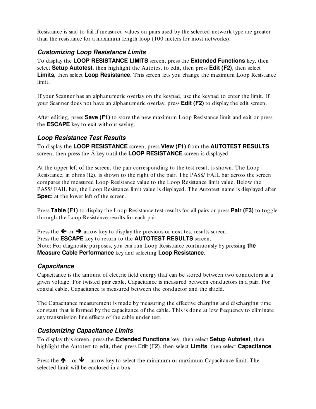 Microtest TSB-67 - 568A Annex E manual Customizing Loop Resistance Limits, Loop Resistance Test Results, Capacitance 