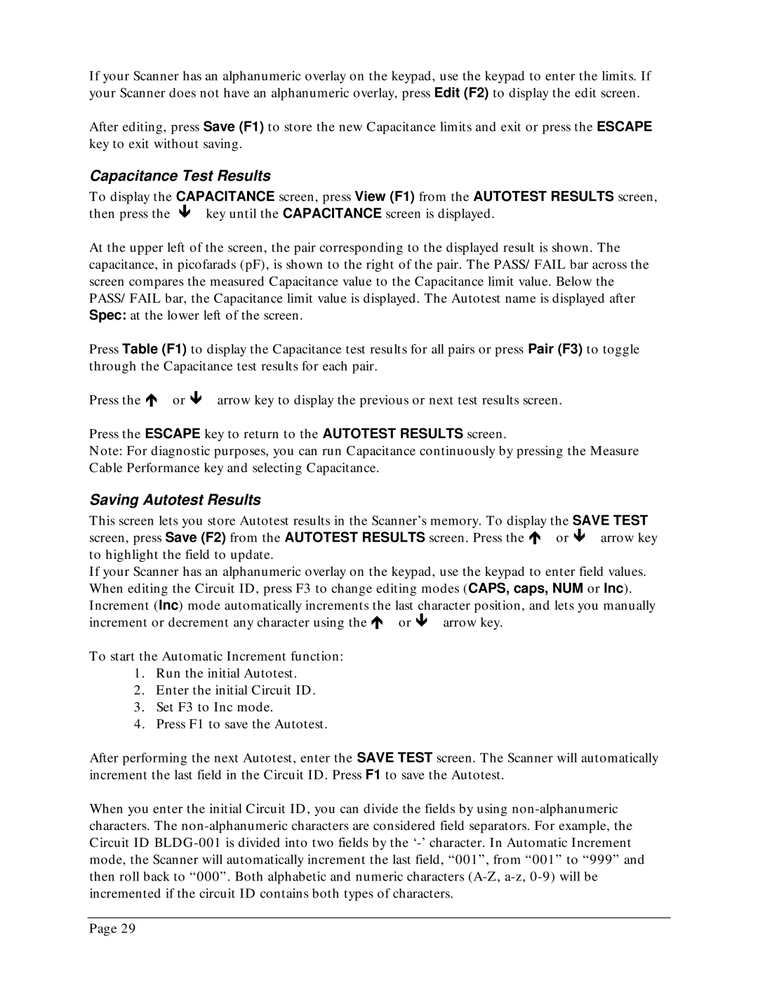 Microtest TSB-67 - 568A Annex E manual Capacitance Test Results, Saving Autotest Results 