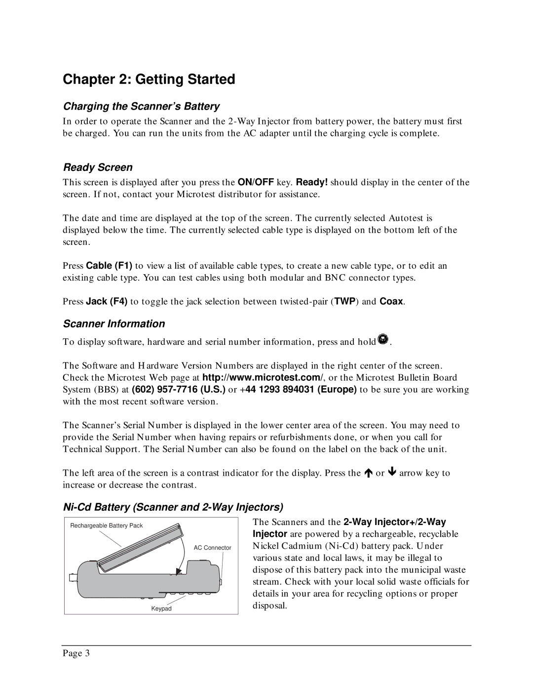 Microtest TSB-67 - 568A Annex E manual Getting Started, Charging the Scanner’s Battery, Ready Screen, Scanner Information 