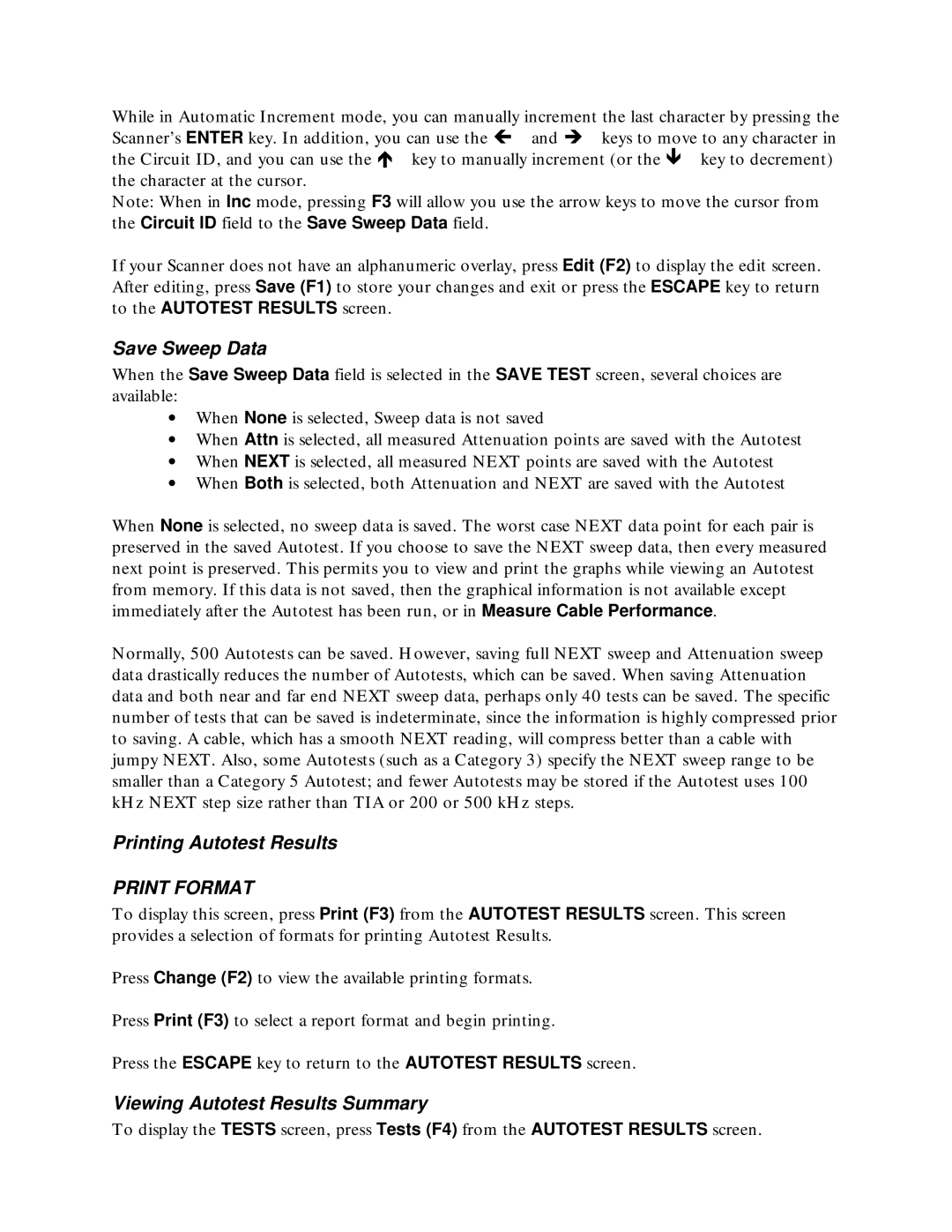 Microtest TSB-67 - 568A Annex E manual Save Sweep Data, Printing Autotest Results, Viewing Autotest Results Summary 