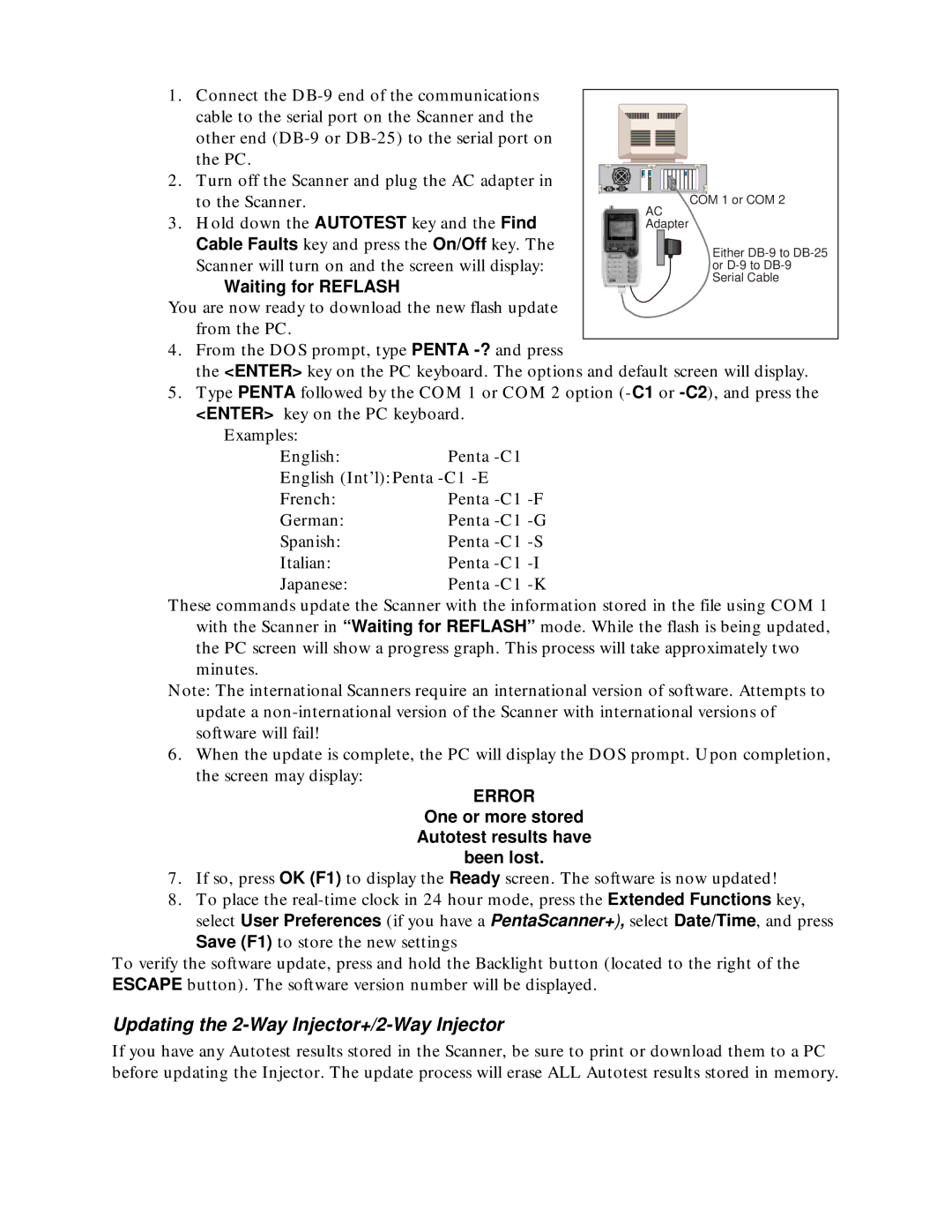 Microtest TSB-67 - 568A Annex E manual Updating the 2-Way Injector+/2-Way Injector, Waiting for Reflash 