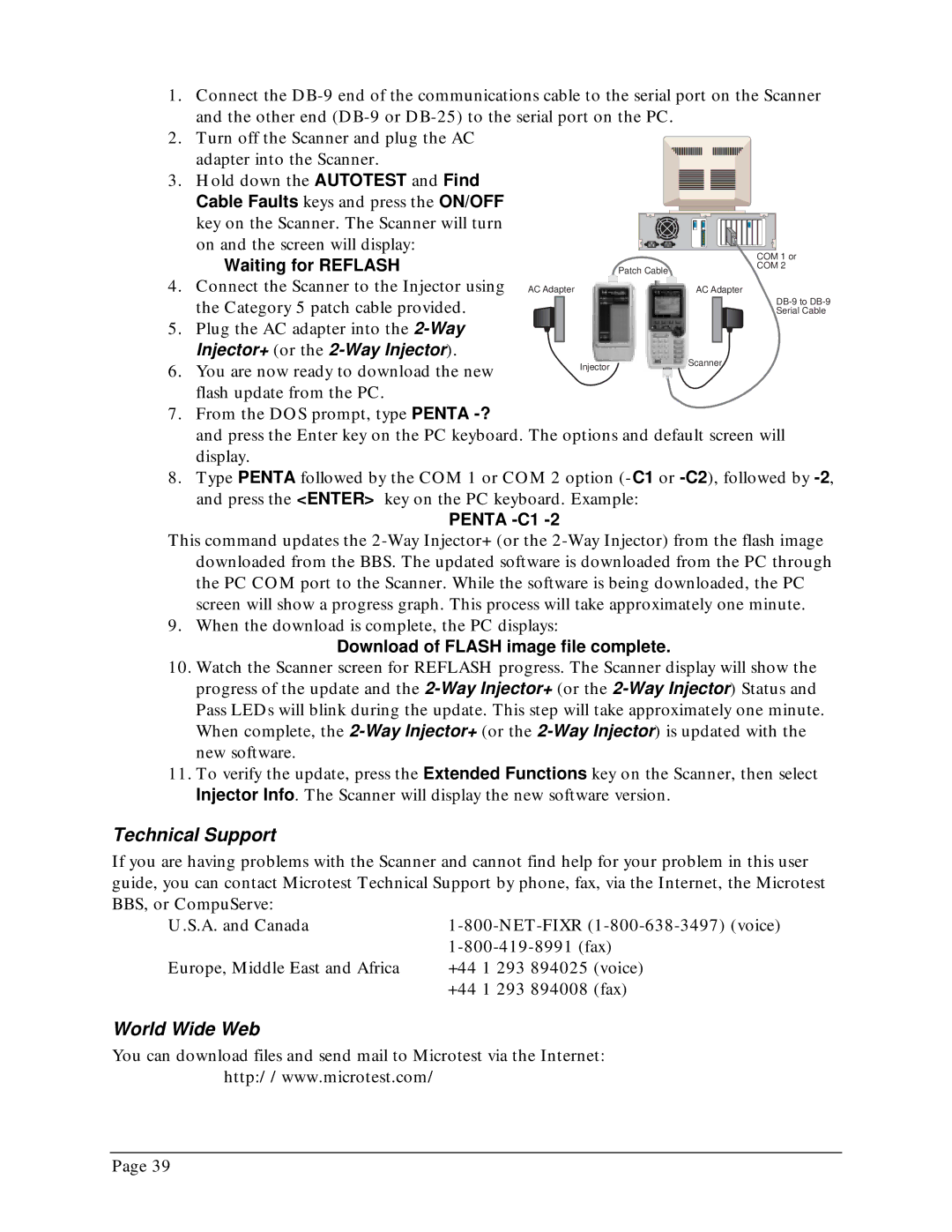 Microtest TSB-67 - 568A Annex E manual Technical Support, World Wide Web, Penta -C1, Download of Flash image file complete 