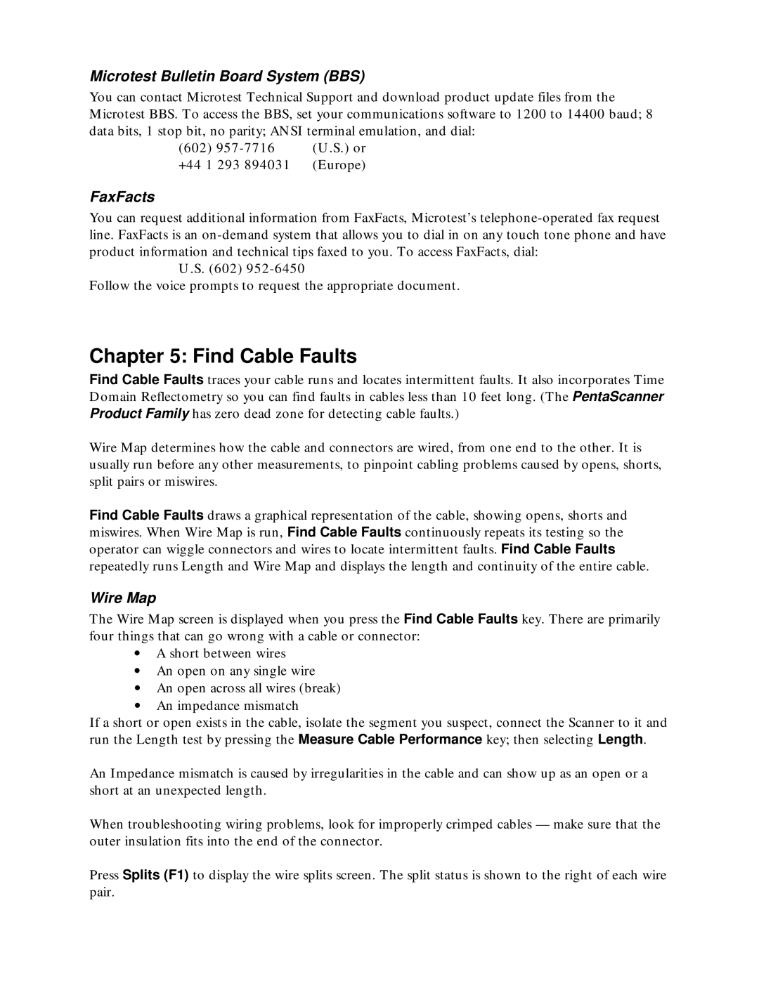 Microtest TSB-67 - 568A Annex E manual Find Cable Faults, Microtest Bulletin Board System BBS, FaxFacts 