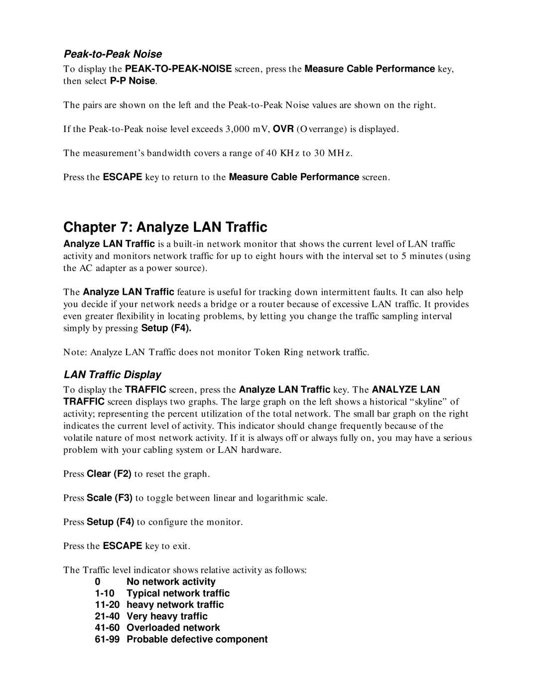 Microtest TSB-67 - 568A Annex E manual Analyze LAN Traffic, Peak-to-Peak Noise, LAN Traffic Display 