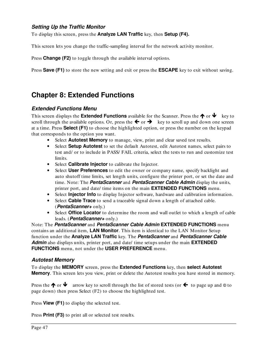 Microtest TSB-67 - 568A Annex E manual Setting Up the Traffic Monitor, Extended Functions Menu, Autotest Memory 