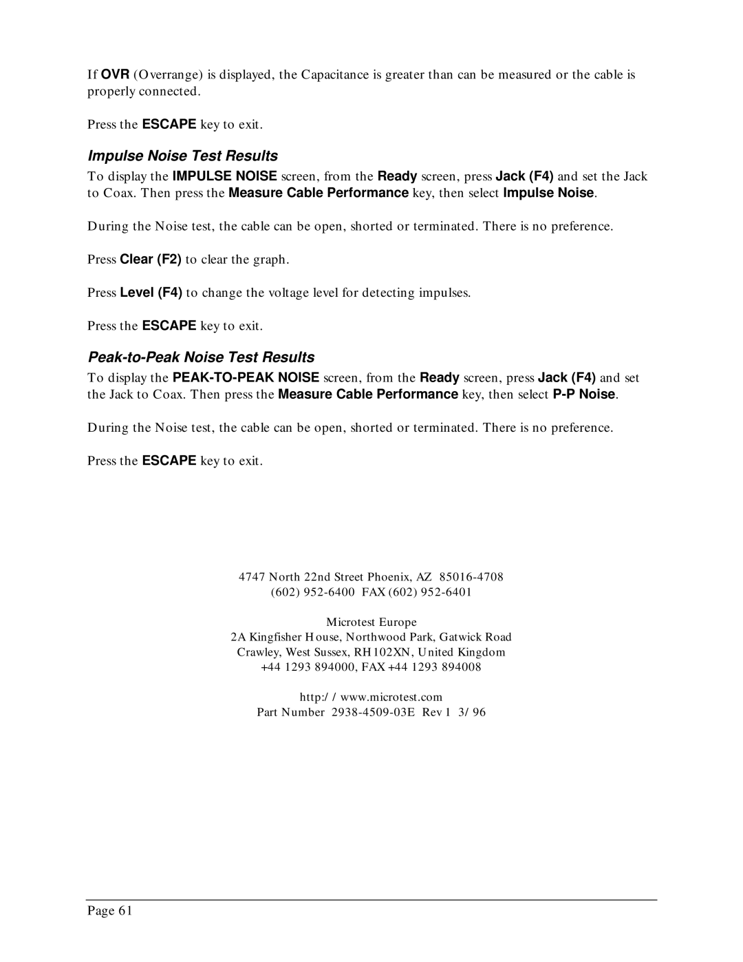 Microtest TSB-67 - 568A Annex E manual Impulse Noise Test Results, Peak-to-Peak Noise Test Results 