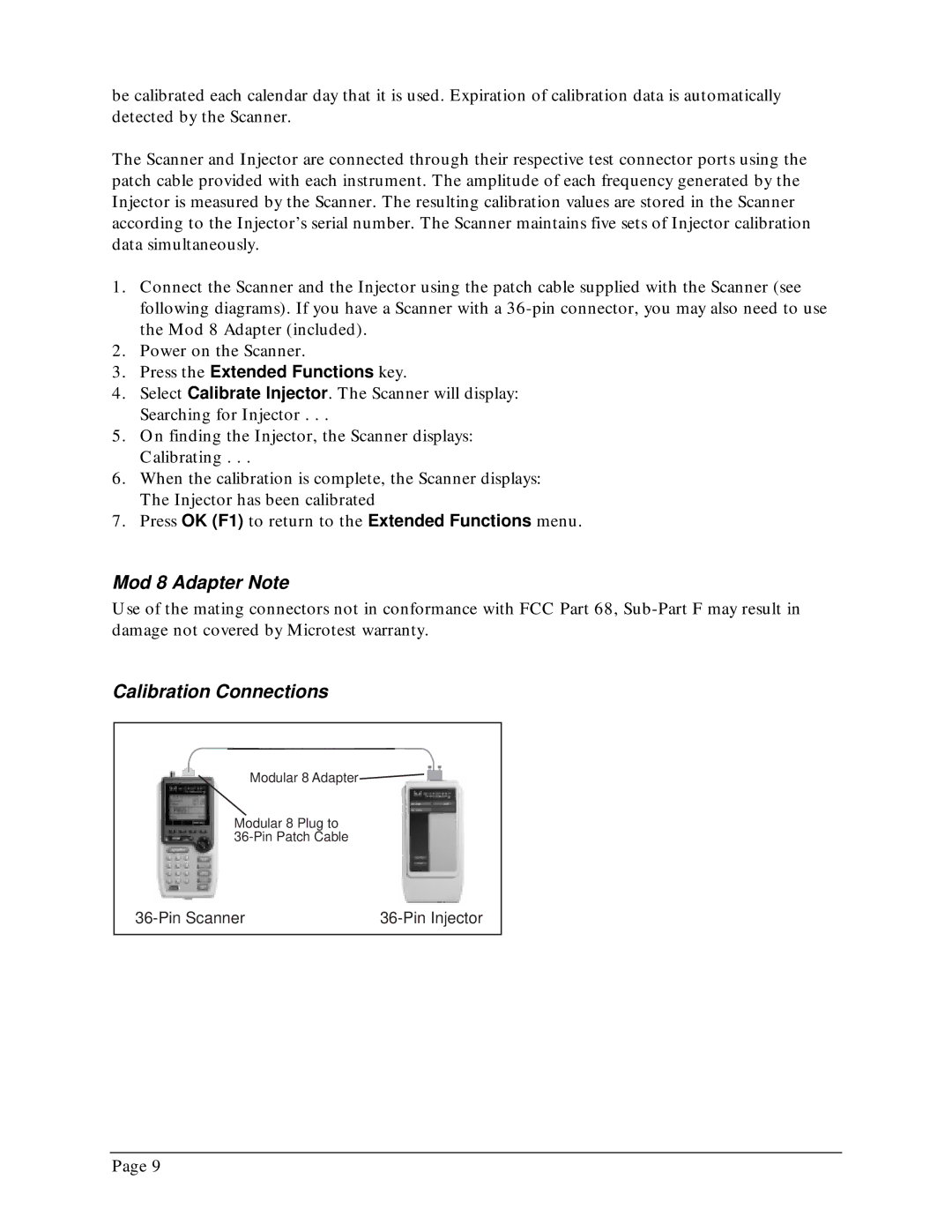 Microtest TSB-67 - 568A Annex E manual Mod 8 Adapter Note, Calibration Connections, Press the Extended Functions key 