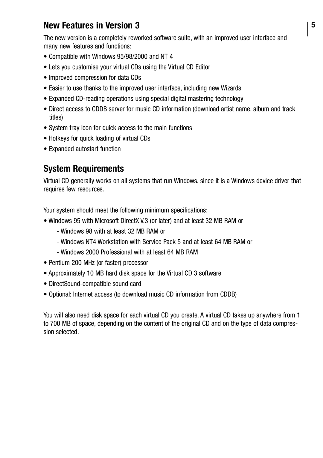 Microtest VIRTUAL CD v3 manual New Features in Version, System Requirements 