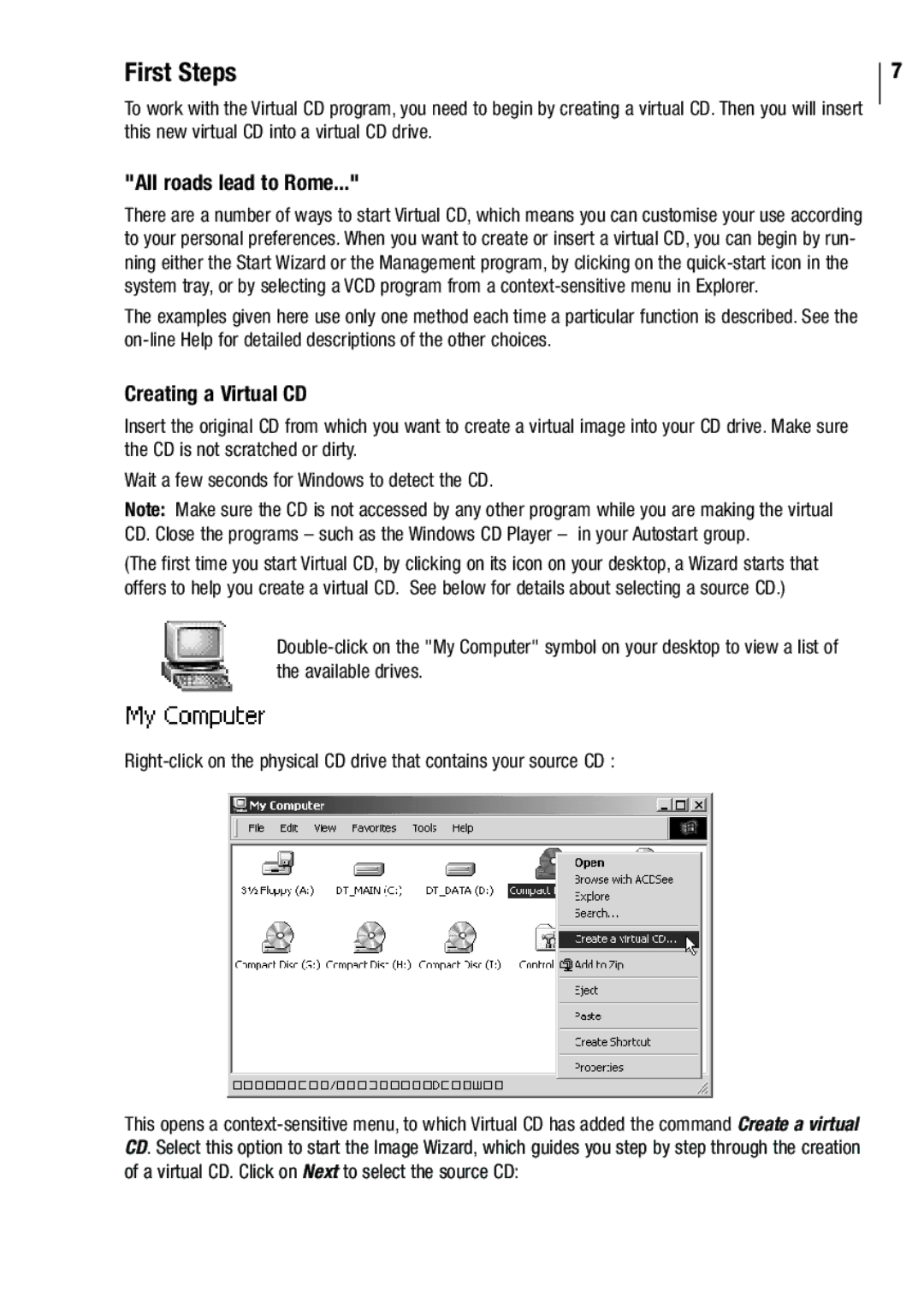 Microtest VIRTUAL CD v3 manual First Steps, All roads lead to Rome, Creating a Virtual CD 