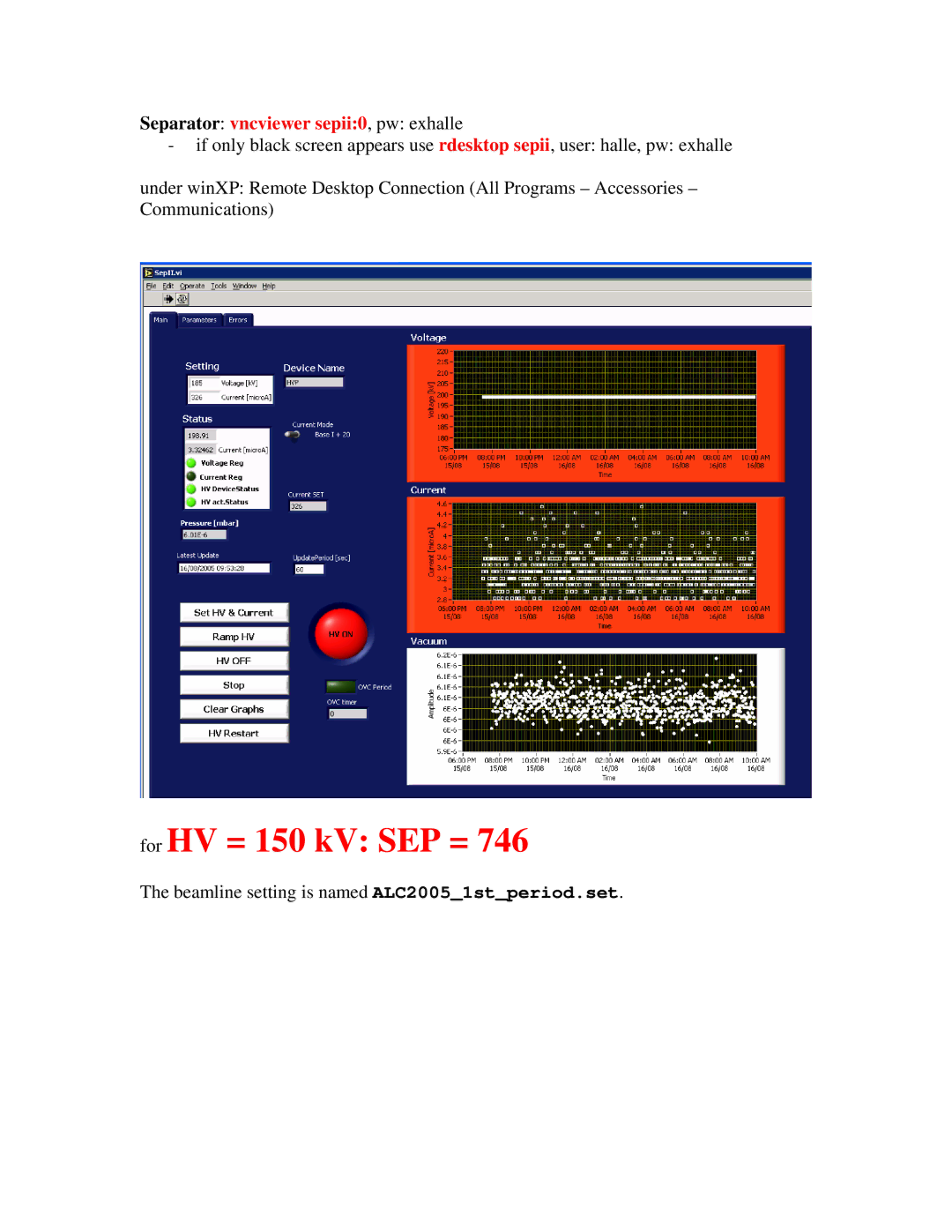 Midas Consoles SR35 user manual For HV = 150 kV SEP =, Separator vncviewer sepii0, pw exhalle 