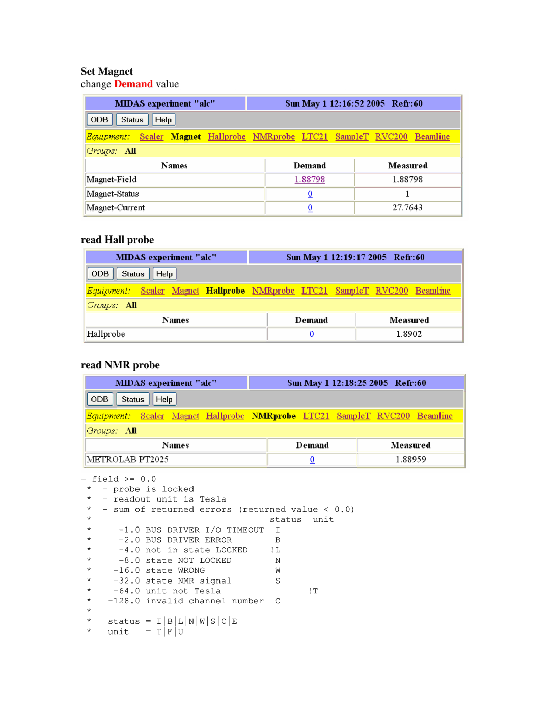 Midas Consoles SR35 user manual Set Magnet, Read Hall probe Read NMR probe 