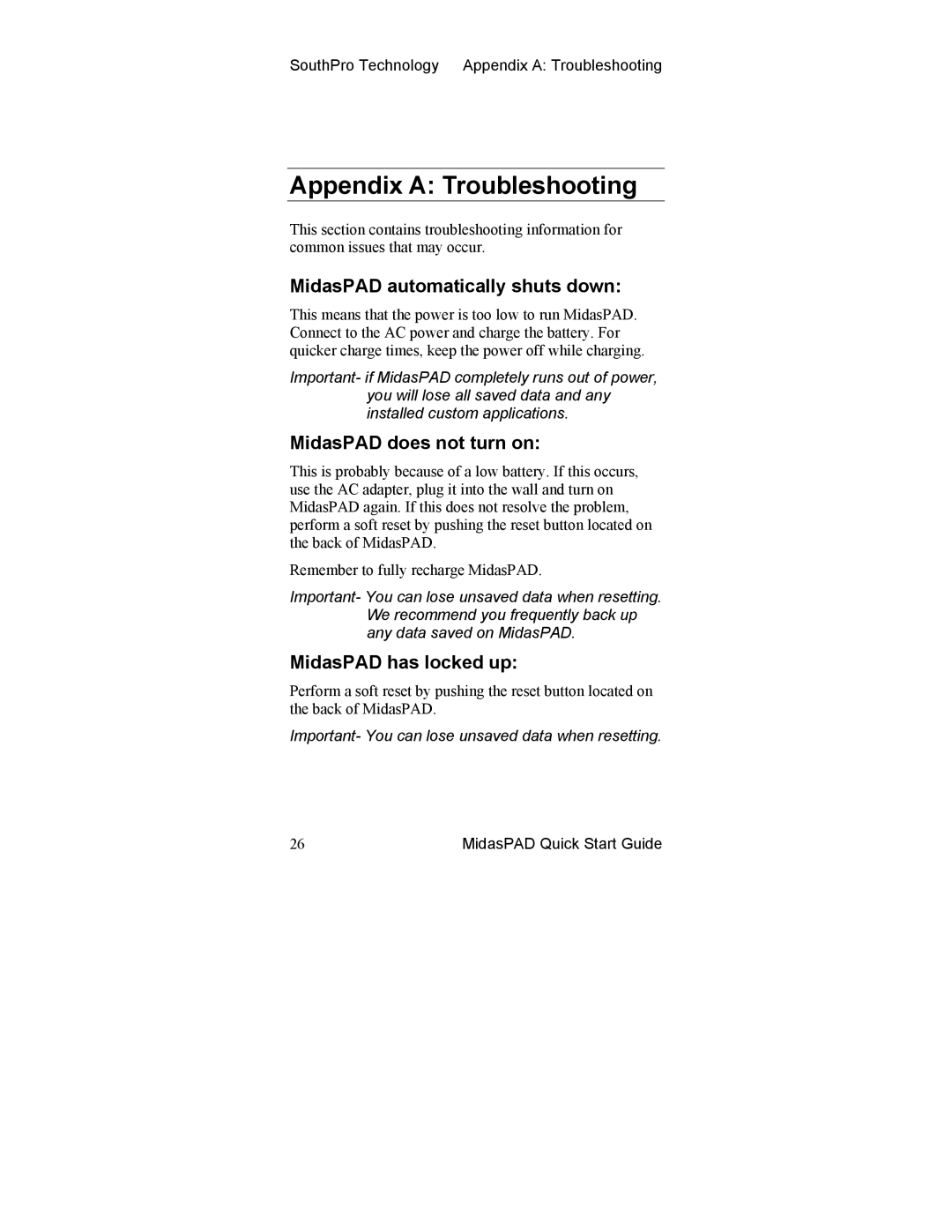 Midas Consoles Tablet manual Appendix a Troubleshooting, MidasPAD automatically shuts down, MidasPAD does not turn on 