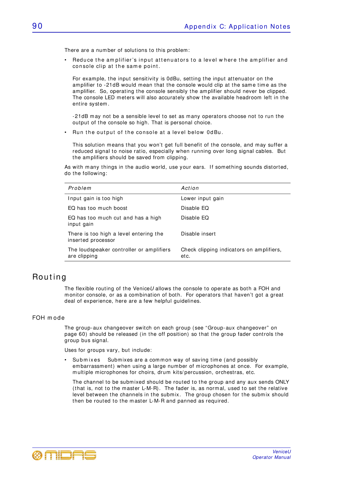 Midas Consoles U24, U32, U16 technical specifications Routing, FOH mode, Problem Action 