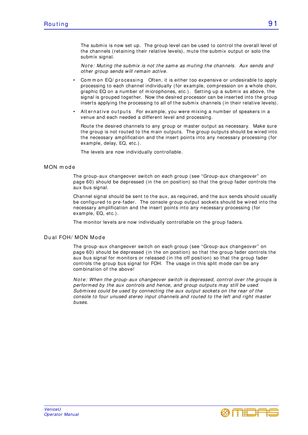 Midas Consoles U16, U32, U24 technical specifications Routing, MON mode, Dual FOH/MON Mode 