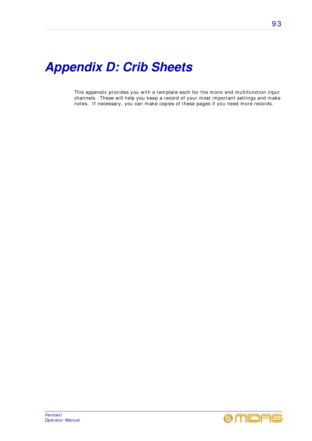 Midas Consoles U24, U32, U16 technical specifications Appendix D Crib Sheets 