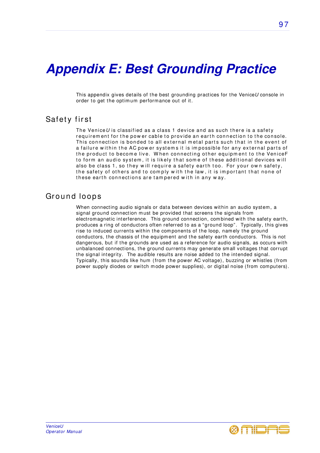 Midas Consoles U16, U32, U24 technical specifications Appendix E Best Grounding Practice, Safety first, Ground loops 